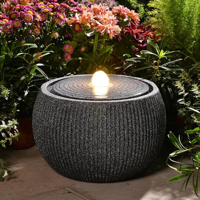 10.6" H Modern Round Outdoor Water Fountain with 3000K LED Lights, Minimalist Sphere Garden Waterfall with Soothing 55dB Sound for Patio, Deck, Porch, Backyard and Zen Indoor Decor