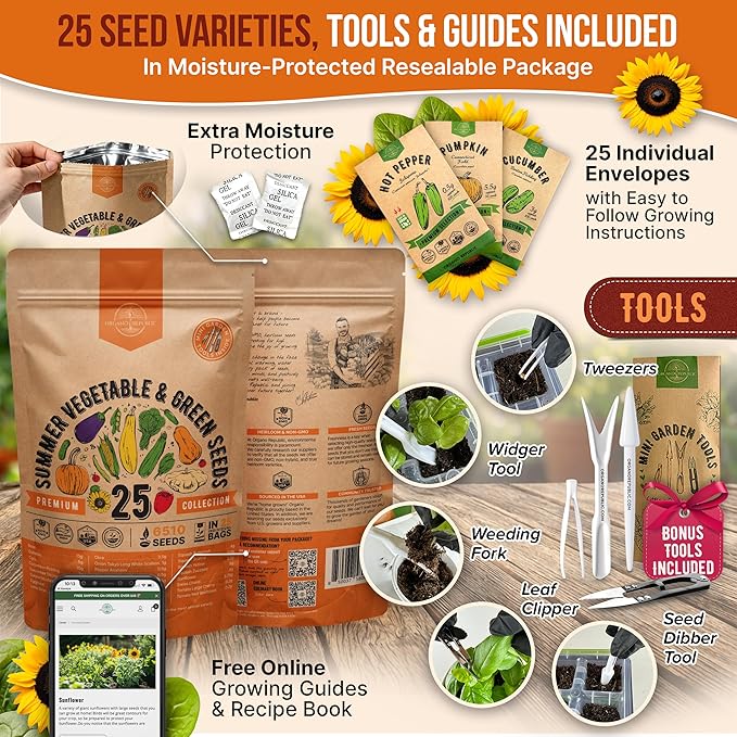 Organo Republic 25 Summer Vegetable Garden Seed Variety Pack - 6,510+ Non-GMO Heirloom Veggie & Greens Seeds for Outdoors & Indoor Home Garden, Including Collards, Pepper, Okra, Onion, Bean, Cucumber