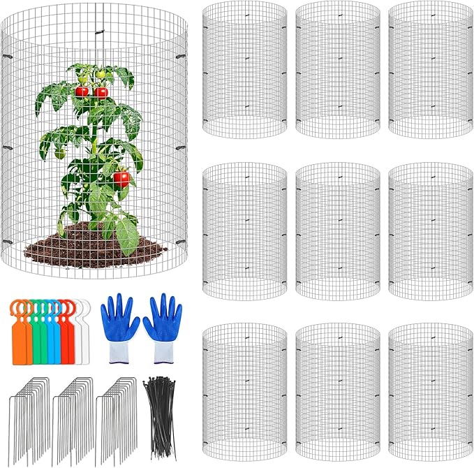30Pcs Garden Plant Protector Cage 12''x12'', 10 Set Metal Wire Protectors for Plants, Protection Cages with Stakes Nylon Ties, Animals Barrier to Keep Chicken Rabbit Away from Plants Flower Vegetables