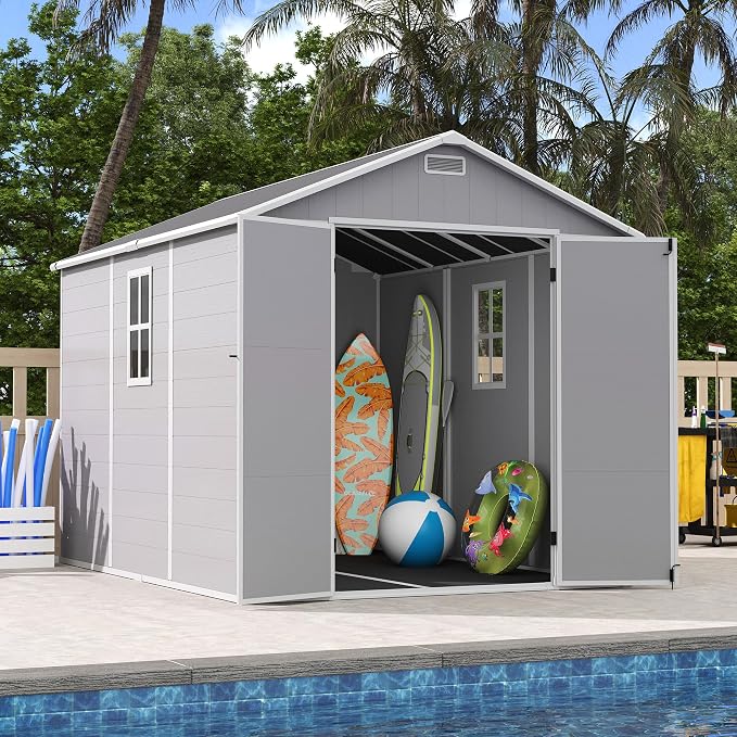 UDPATIO Storage Shed 8 x 10 FT, Resin Sheds & Outdoor Storage with Floor Large Clearance Outdoors Plastic Garden Tool Shed Tuff Outside Cottage Shed with Lockable Door for Bike, Garbage Gray White