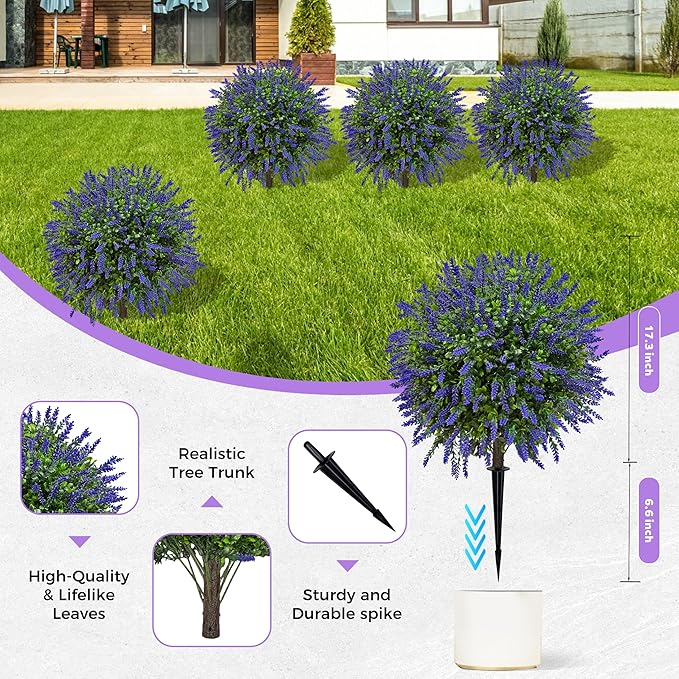 21.6 Inch Artificial Lavender Boxwood Topiary Ball Trees, Set of 4 Fake Shrub Bushes with Ground Spike, UV Resistant Faux Greenery Outdoor Plants for Garden, Patio, Porch, Yard & Indoor Decor