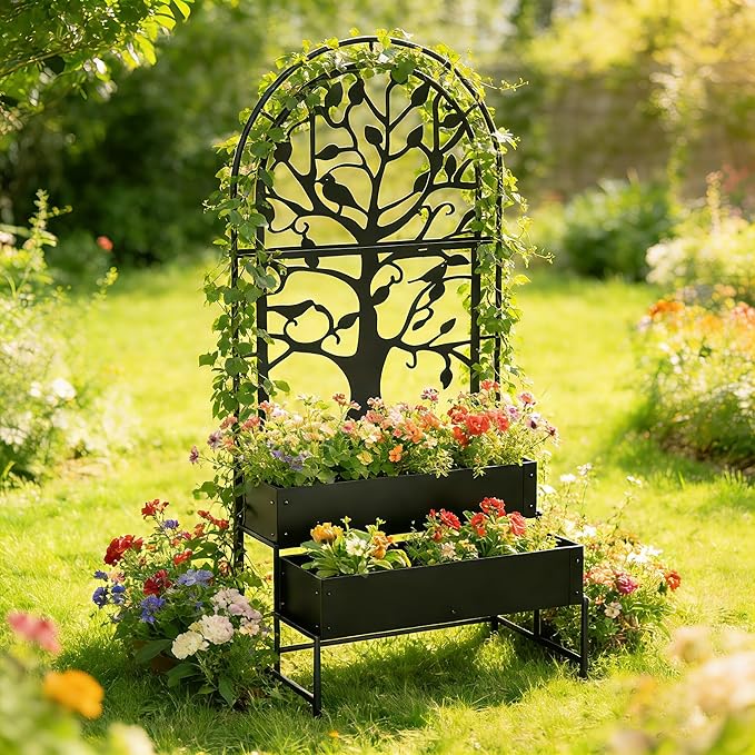 Arched Outdoor Planter Box with Trellis for Climbing Plants, 2 Tiers Metal Privacy Planters for Patio, Tall Raised Garden Bed with Legs, for Vegetables, Fruits, Balcony, 75.2 x 22 x 34.6 Inch, Black