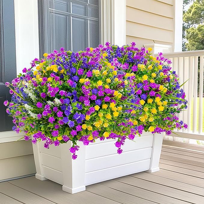 Artificial Flowers Outdoor Fake Plants - 12 Bundles UV Resistant Shrubs No Fade Faux Plastic Greenery Home Garden Porch Patio Decoration Indoor (1, Multi-12pcs)