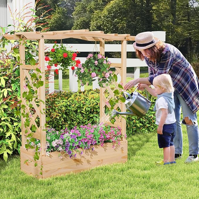 Giantex Set of 2 Raised Garden Bed with Sided Trellis & Hanging Roof, Wood Planter Box, Freestanding Garden Planter Raised Bed for Flowers Herbs Climbing Vines 44”x14”x45” (L x W x H)