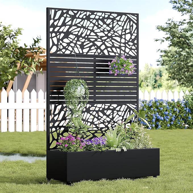 Casaphoria Metal Raised Garden Bed with Trellis and Wheels, 72"x47"x16" Arched Planter Box for Climbing Plants, Vegetables & Vines, Features Drainage Holes and Privacy Screen (Black-Net&Louvered)