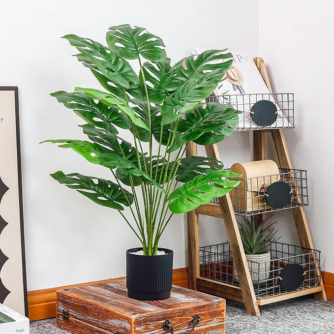 Der Rose 28" Fake Plants Large Artificial Monstera Faux Potted Plants Indoor Tall in Black Pots for Outdoor Floor Front Porch Decor