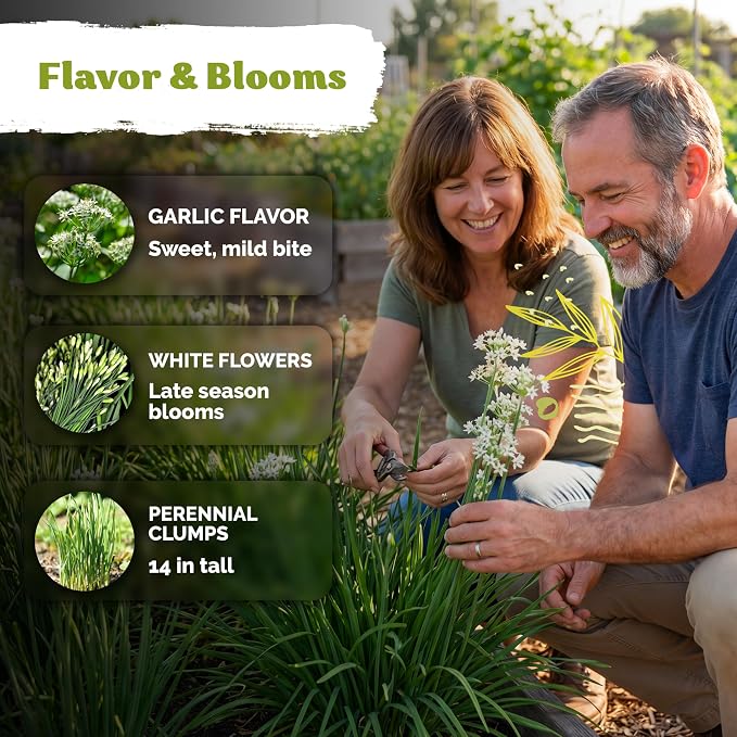 KVITER 500 Garlic Chives Seeds (Allium Tuberosum) - Chinese Chives, Garlic Flavor, White Blooms, Non GMO, Heirloom Seed Packets - Perennial Herb Seeds for Gardens, Containers, Herb Beds