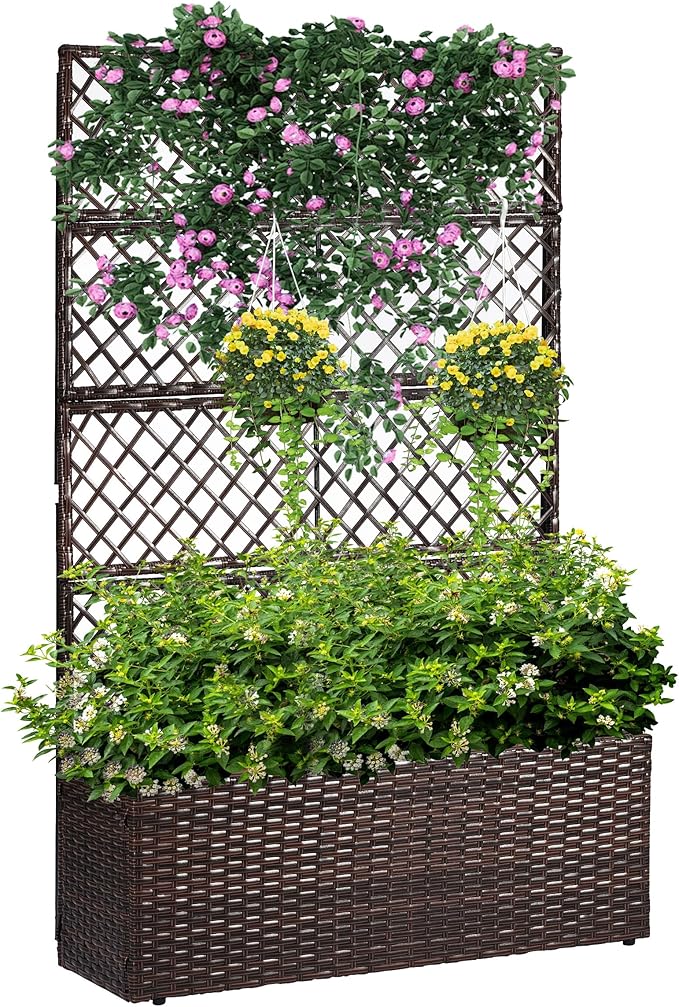 52’’ H Garden Planter Box with Trellis Outdoor for Vine Climbing Plants, Flowers Handwoven Rattan Garden Bed with Removable Liners for Backyard Patio Balcony