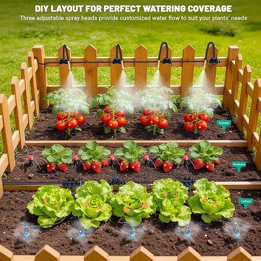 230FT Drip Irrigation Kit with Quick Connect PE Tubing, Automatic Garden Watering Sprinkler System, 2026 Upgraded Water-Saving Design with 3 Adjustable Misting Emitters, Greenhouse & Raised Bed
