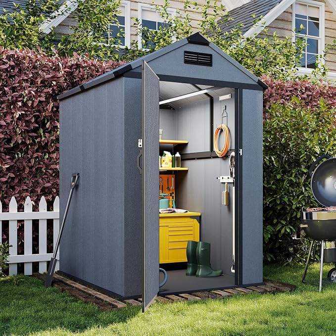 Aoxun 4x6 FT Outdoor Storage Shed, Plastic Garden Resin Shed with Floor and Window for Patio, Lawn, Outdoor Storage with Lockable Door for Bike, Tools, Garbage Can, Dark Grey
