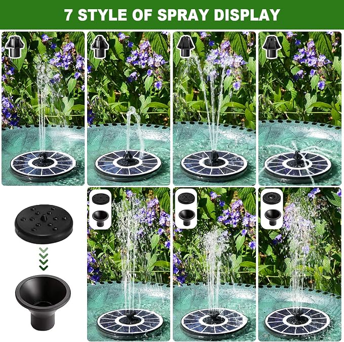 Yzert Solar Fountain with 2000 mAh Battery Backup Works in Cloudy, Glass Solar Powered Bird Bath Fountains with 7 Nozzles, 3.5 W Solar Fountain Pump for Birdbath,Garden, Outdoor, Pond