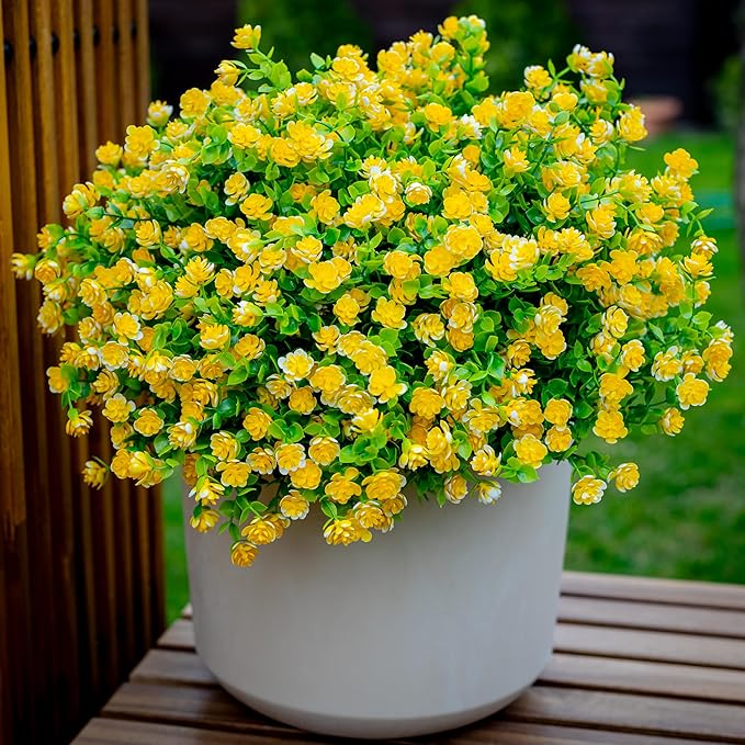 Artificial Flowers Outdoor Fake Plants - 12 Bundles UV Resistant No Fade Faux Plastic Greenery Boxwood Shrubs Home Garden Porch Patio Decoration (Yellow)