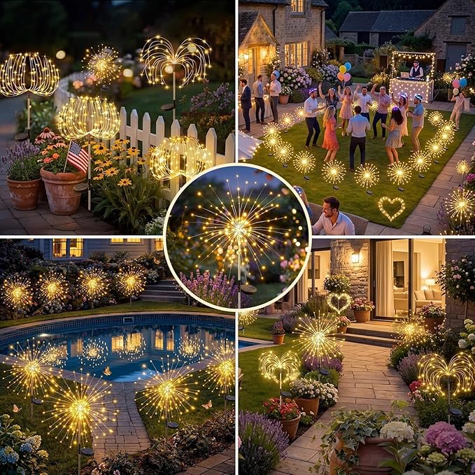 Solar Firework Lights Outdoor 4 Pack, 120LED Solar Starburst Garden Lights with 8 Modes, Waterproof Decorative Sparkle Light for Backyard, Garden, Patio & Lawn Landscape - Gifts for Women Mom