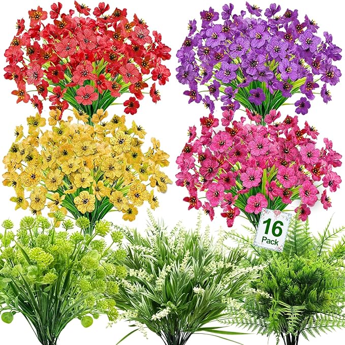 Artificial Flowers for Outdoors, UV Resistant No Fade 16 Bundles 7 Styles Fake Flowers Outdoor Faux Plant Colorful Daisy Boston Fern Lavender Cemetery Flowers for Outside Porch Patio Indoor Home Decor