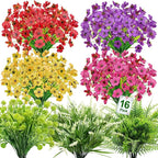 Artificial Flowers for Outdoors, UV Resistant No Fade 16 Bundles 7 Styles Fake Flowers Outdoor Faux Plant Colorful Daisy Boston Fern Lavender Cemetery Flowers for Outside Porch Patio Indoor Home Decor