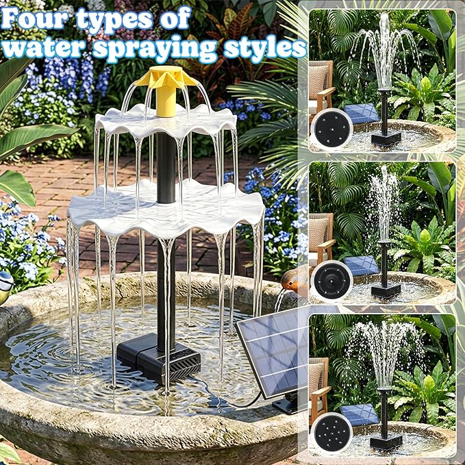 Solar Water Fountain for Bird Bath, 2.5W DIY Solar Powered Fountain Pump Kit with 4 Spray Nozzles, 9.54FT Cable for Birdbath, Garden, Pond, Pool, Outdoor