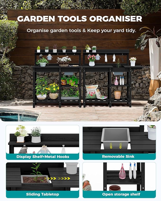 SERWALL Outdoor Potting Bench 2-Piece Set, Rot-Resistant HDPE Potting Table with Removable Sink for Outside Gardening, All-Weather Use - Black