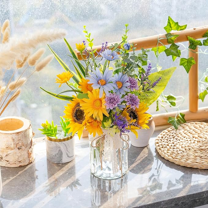 LUEUR Artificial Silk Sunflower with Vase Fake Flowers in Vase Centerpiece Coffee Table Decor, Fake Plant Blue Daisy Flower Arrangement for Spring & Summer Decorations Indoor Home Office Living Room