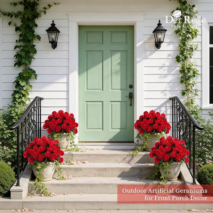 Der Rose 6 Pack Red Artificial Geraniums Flowers for Outdoors UV Resistant Faux Flowers for Outdoor Planters Window Boxes Patio Cemetery Porch Decor