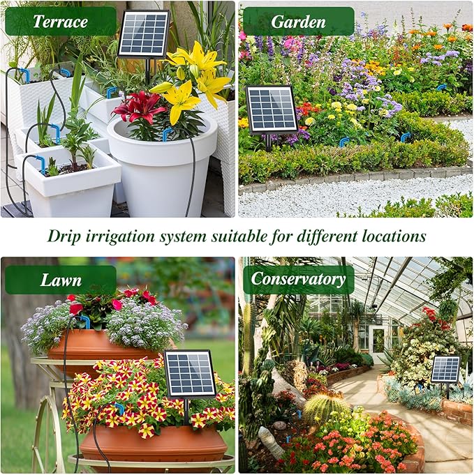 Solar Drip Irrigation System, Automatic Watering Kit for 15 Pots with 49ft Hose, Anti-Siphon Garden Irrigation System for Vacation, Balcony & Greenhouse, 12 Modes Self Watering System, Split