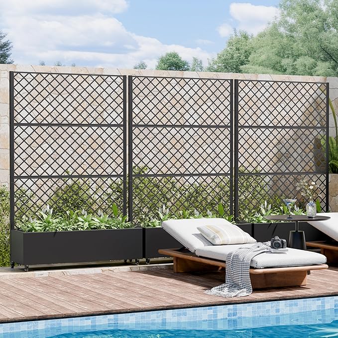 Casaphoria Metal Raised Garden Bed with Trellis and Wheels, 72"x47"x16" Arched Planter Box for Climbing Plants, Vegetables & Vines, Features Drainage Holes and Privacy Screen, Black-Rhombus