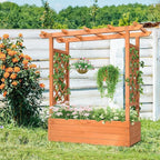 Outvita Raised Garden Bed with Trellis, Wood Planter Box with Hanging Roof, Side Trellis and Drainage Holes, Above Ground Elevated Garden Bed for Outdoor Climbing Plants Vines Vegetables (Teak Color)