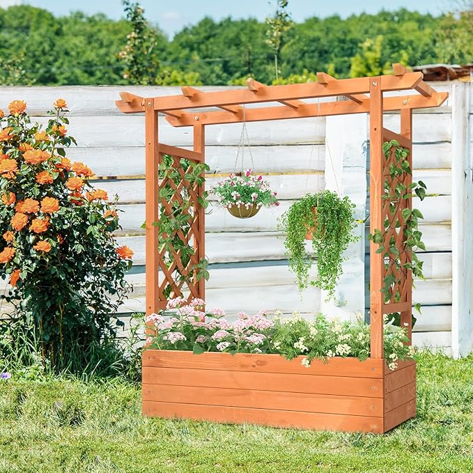 Outvita Raised Garden Bed with Trellis, Wood Planter Box with Hanging Roof, Side Trellis and Drainage Holes, Above Ground Elevated Garden Bed for Outdoor Climbing Plants Vines Vegetables (Teak Color)