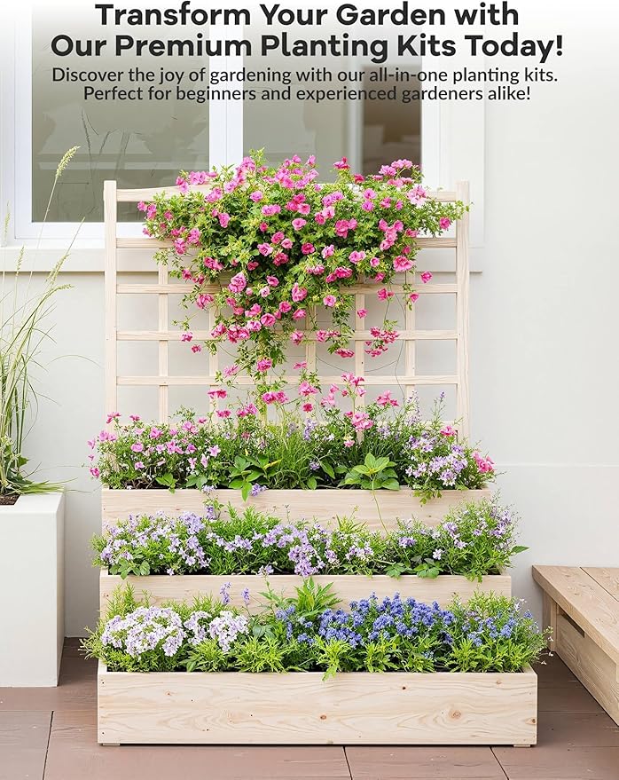 GarveeLife 3-Tier Raised Garden Bed,Wooden Vertical Planters with Trellis & Open-Ended Base for Climbing Plants Vines Flower Herb Vegetable Fruit,Outdoor Planter Boxes for Patio Yard Lawn