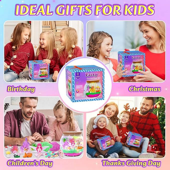 Hannstar Fairy Garden Kits for Kids - Light Up Terrarium kit Birthday Gift for Girls Ages 4 5 6 7 8 10 12 Years Old - Creative Garden Toys for Girls - DIY Arts and Crafts Kit for Kids