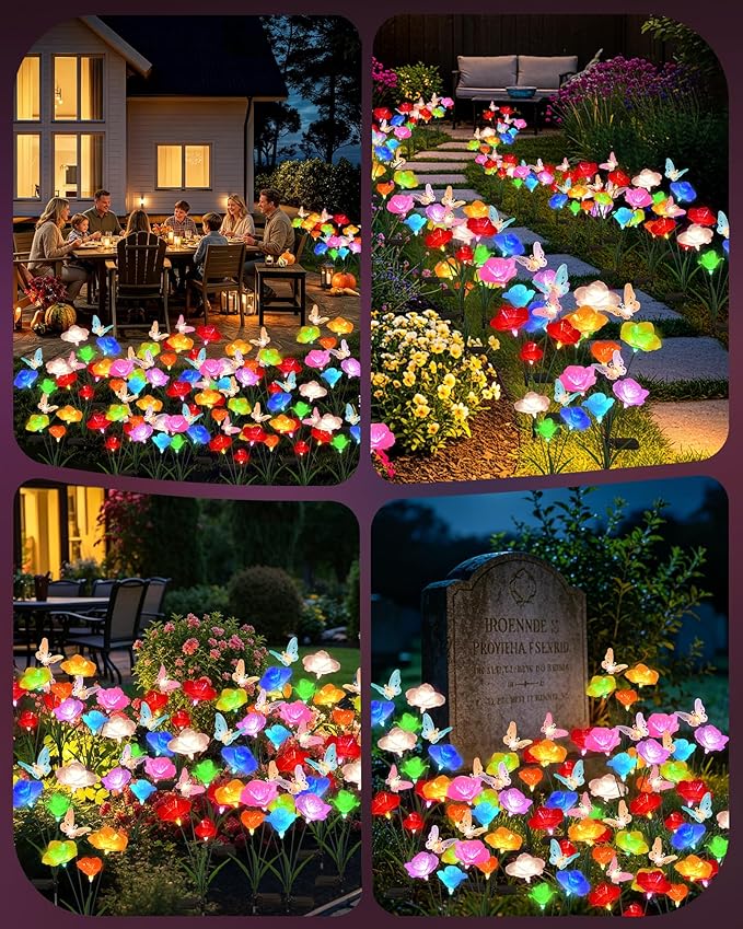 Solar Garden Lights Outdoor Waterproof 4 Pack Swaying Butterfly Light with 7- Color Changing Rose Flowers Solar Lights for Outside Garden Decor Lawn Yard Patio Path,Gifts for Women Mother's Day
