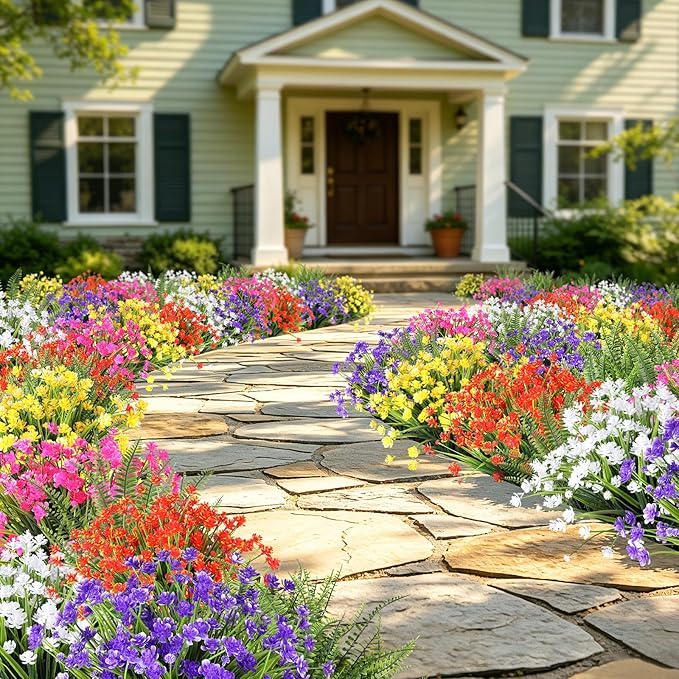 24 Bundles Artificial Outdoor Flowers, UV Resistant Faux Flowers for Outdoor Planters, Plastic Fake Plants for Front Porch Patio Garden Hanging Basket
