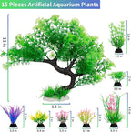 MyLifeUNIT Fish Tank Decorations, 15 Pack Artificial Aquarium Plants Tree Set for Fish Tank Decor (Green Set)