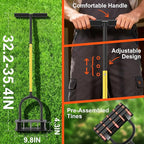 Aerator Lawn Tool - 2-in-1 Reinforced Heavy Duty Manual Lawn Aerator with 15 Spikes, Automatic Dirt and Leaf Clean Design, Adjustable T-Handle (Yellow)