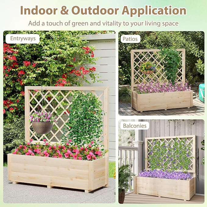 Giantex Raised Garden Bed with Trellis, Drainage Hole, Wood Elevated Planter Box for Climbing Vine Flower Herb Vegetable Fruit, Planting Container for Indoor Outdoor Patio Balcony (39”x14”x40”)