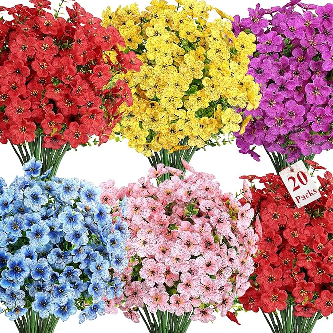 Alupssuc 20 Bundles Artificial Flowers for Outdoor Indoor Decoration, UV Resistant No Fade Fake Plants Eucalyptus, Colorful Faux Spring Flowers for Outside Yard Porch Patio Garden Home Window Box