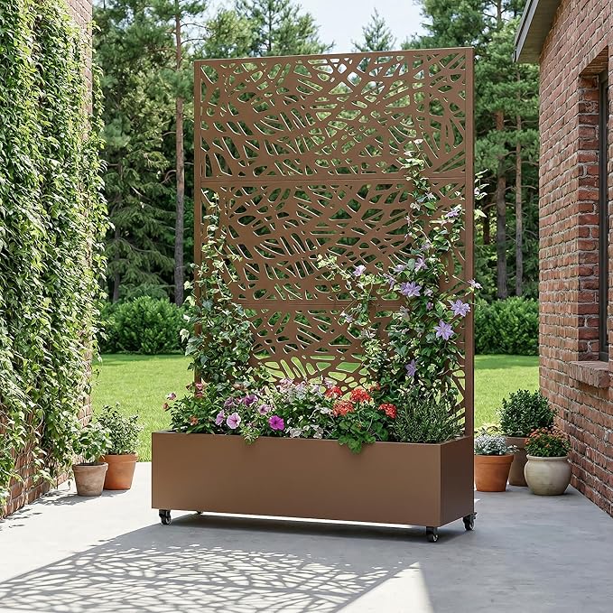 Casaphoria Metal Raised Garden Bed with Trellis and Wheels, 72"x47"x16" Arched Planter Box for Climbing Plants, Vegetables & Vines, Features Drainage Holes and Privacy Screen, Brown-Net