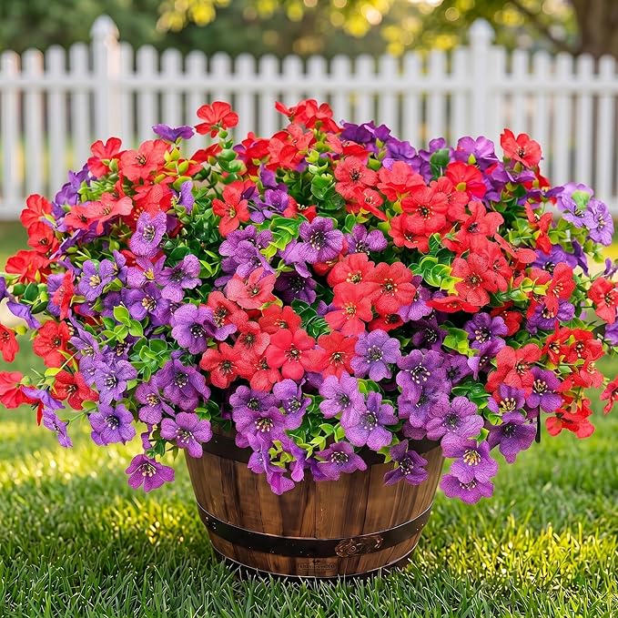 Artificial Flowers for Outdoor Fake Plants for Spring Decoration,Faux Eucalyptus Flowers for Planter UV Resistant Lifelike for Home Porch Garden (Purple/Red)