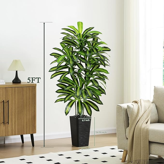 Artificial Dracaena Tree - 5FT Tall Fake Plants with Black Square Planter - Artificial Plants Indoor Floor Plant in Pot - Large Tropical Fake Yucca Potted Tree for Home Office Living Room Decor