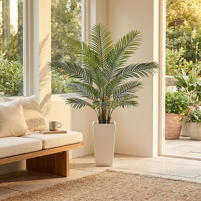 Garvee 5FT Artificial Palm Tree, Tall Faux Tropical Areca Plants with White Tall Planter, Fake Potted Tree with Lifelike Leaves for Indoor Living Room Bedroom Home Office Decor