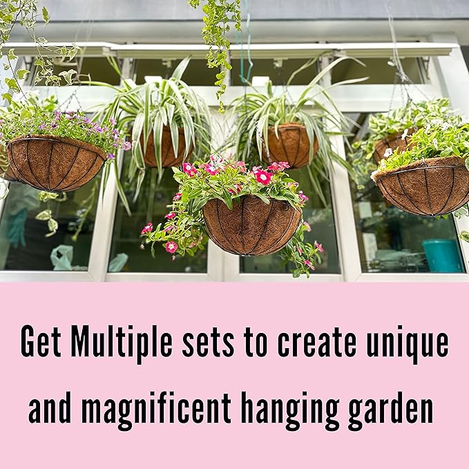 LaLaGreen Hanging Baskets for Plant Outdoor (6 Pack, 16 Inch) Extra Large Hanging Planter with Coco Liner Black Metal Wire Round Flower Pot Holder Hang Deck Porch Garden Balcony Natural Country Decor