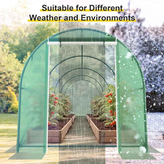 15x7x7 FT Walk-in Greenhouse for Outdoors w/ Watering System,8-Ventilated Screen Window Portable Greenhouse for Winter Plant Protection w/ 2-Zipper Door,PE Cover & Heavy Duty Frame
