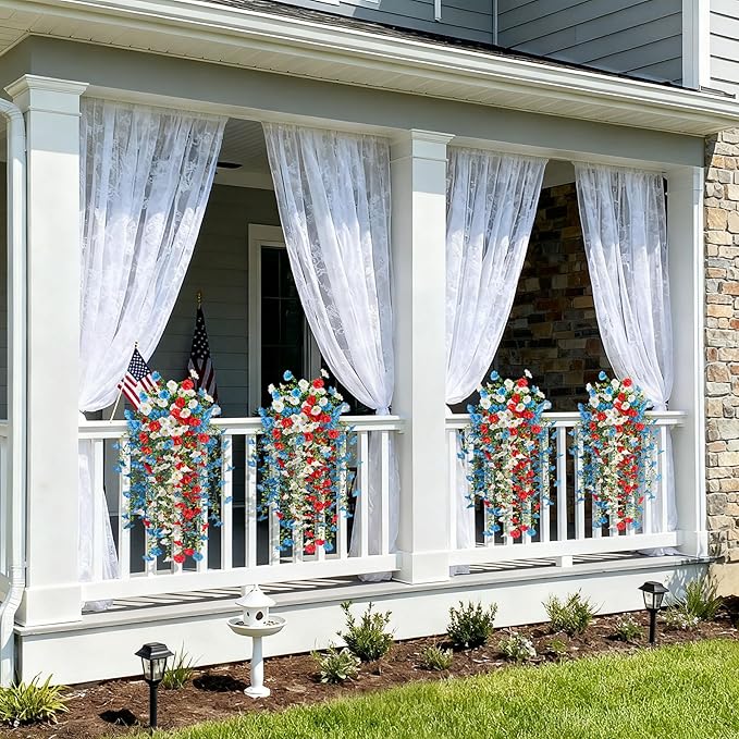 Artificial Hanging Petunias Flowers for Outdoor, 8pcs Fake Plants Long Vine Morning Glory Eucalyptus, UV Resistant Realistic Faux Greenery Outside Patio Porch Garden Spring Decor, Red Blue White