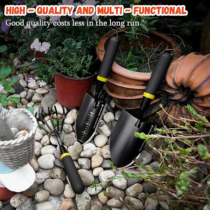 KEMAIER Heavy Duty Stainless Steel Garden Tool Set - Thoughtfully Crafted for Outdoor Patio Use, Perfect for Both Men and Women. Includes Gardening Trowel, Transplanting Shovel, and Hand Cultivators
