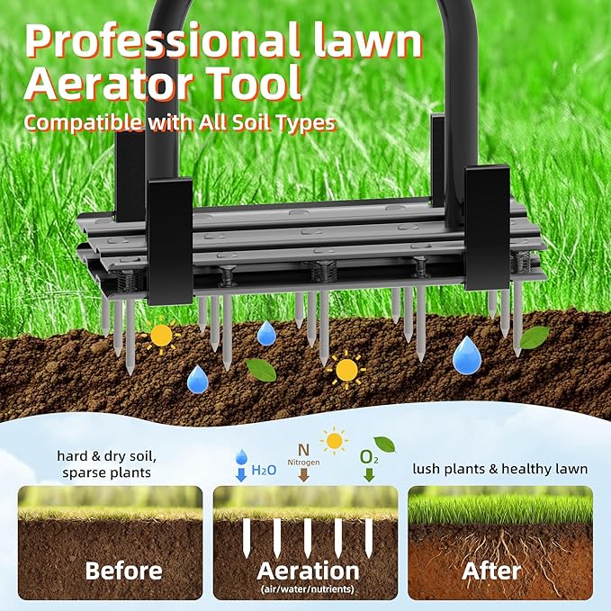 Aerator Lawn Tool - 2-in-1 Reinforced Heavy Duty Manual Lawn Aerator with 15 Spikes, Automatic Dirt and Leaf Clean Design, Adjustable T-Handle (Black)