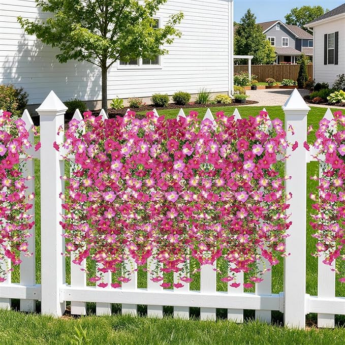 Artificial Fake Hanging Flowers Plants for Outdoor Spring Decoration,2 PCS Faux Silk Morning Glory with Eucalyptus Leaves,UV Resistant Realistic Trailing Vines for Balcony Porch Patio Yard Garden