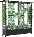 Raised Garden Bed with Trellis & Hanging Roof, Weatherproof Metal Planter Box with Wheels, Garden Arch Trellis for Outdoor Climbing Plants Vines Flowers, 74" H x 77" L x 17" W, Black