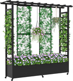 Raised Garden Bed with Trellis & Hanging Roof, Weatherproof Metal Planter Box with Wheels, Garden Arch Trellis for Outdoor Climbing Plants Vines Flowers, 74" H x 77" L x 17" W, Black
