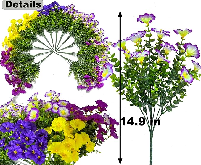 Artificial Flowers for Outdoors Fake Plants Spring Summer Decor, 12 Bundles Realistic Fake Silk Flowers Colorful Morning Glory UV Resistant Faux Flowers for Porch Outside Planter Porch Patio Yard