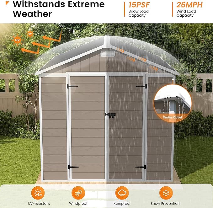 UDPATIO Outdoor Resin Storage Shed 8 x 10 FT, Plastic Storage Shed with Floor Large Outdoors Garden Tool Storage Shed Outside Clearance Shed with Lockable Door for Bike, Backyard, Patio, Brown