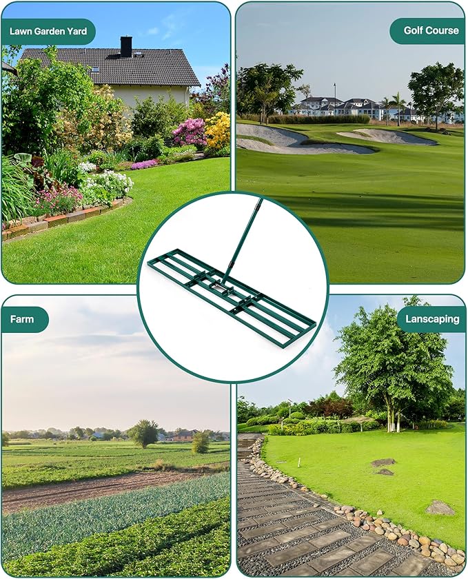 Lawn Leveling Rake 45x10'', Yard Leveling Rake for Soil with Adjustable Handle, Stainless Steel Lawn Leveler Tool for Garden, Backyard, Farm, Golf Course